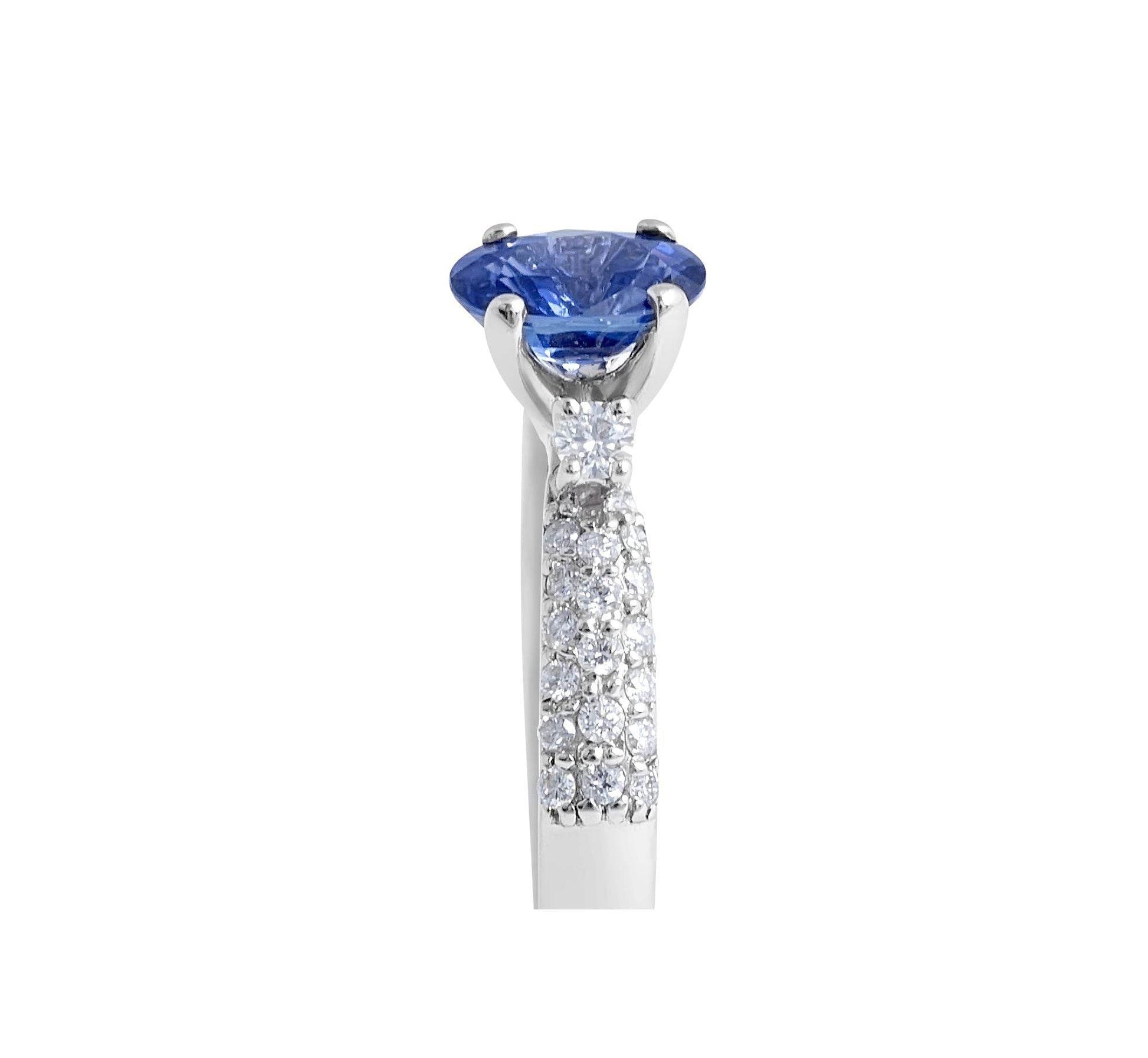 Trilogy Blue Sapphire Diamond Engagement Ring Pave Set Side Stone In 18K White Gold - DG & Co. Jewellery