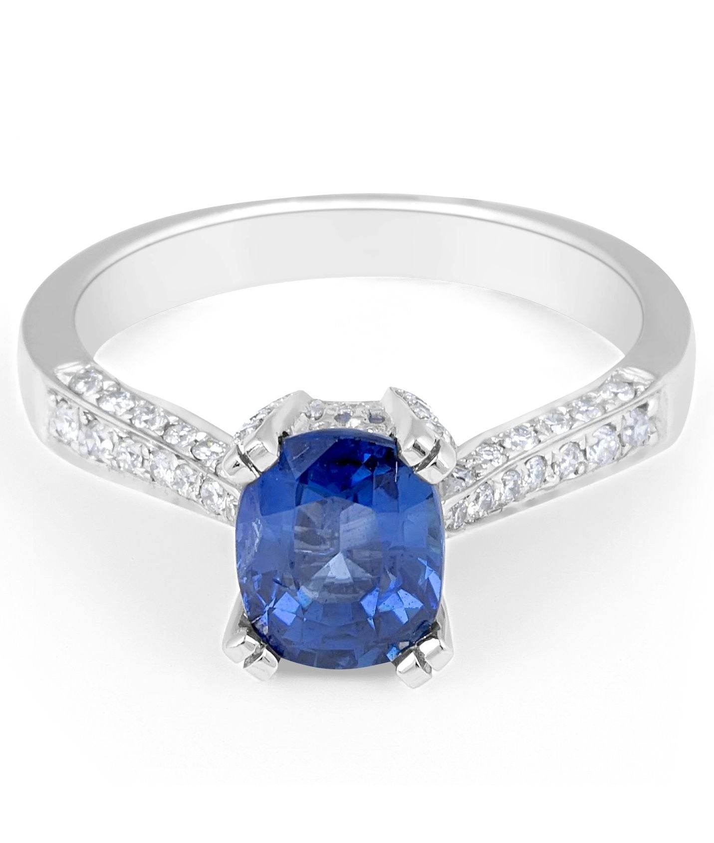 Vintage Style Cushion Cut Blue Sapphire Diamond Engagement Ring in 18 Karat White Gold - DG & Co. Jewellery