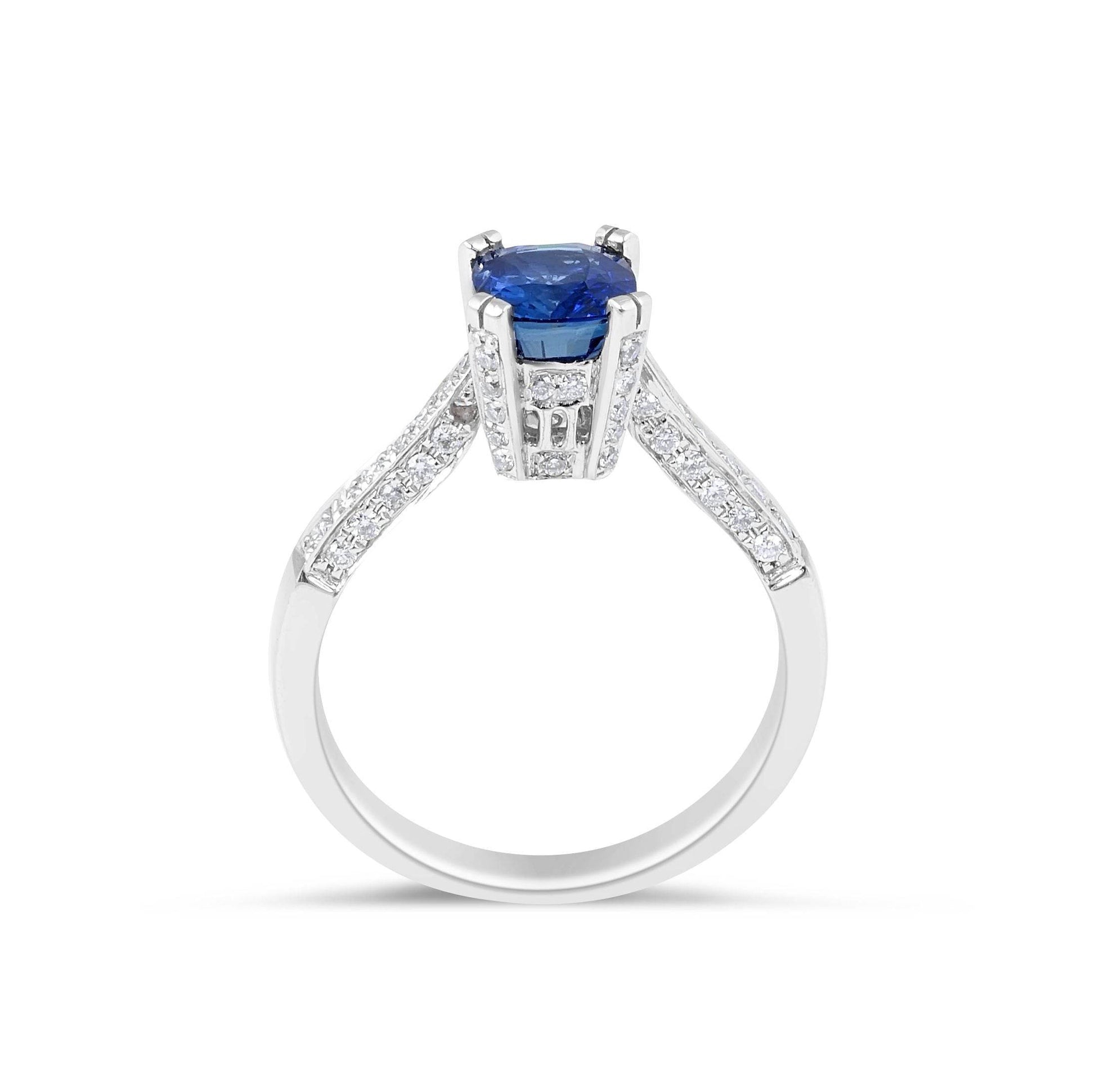 Vintage Style Cushion Cut Blue Sapphire Diamond Engagement Ring in 18 Karat White Gold - DG & Co. Jewellery
