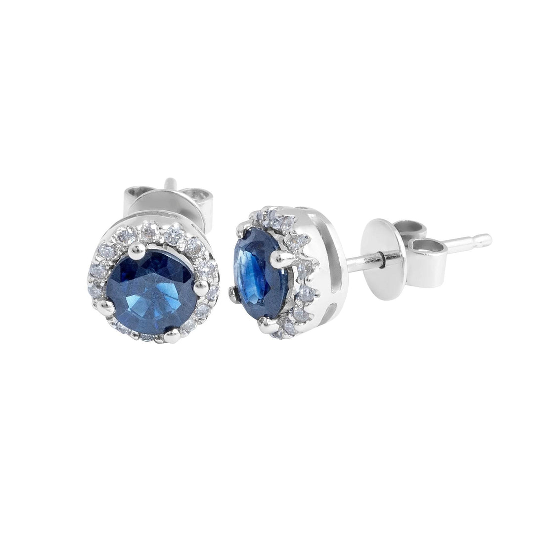 Blue Sapphire Round Cut Diamond Halo Stud Earring In 14K White Gold - DG & Co. Jewellery