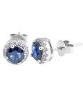 Blue Sapphire Round Cut Diamond Halo Stud Earring In 14K White Gold - DG & Co. Jewellery
