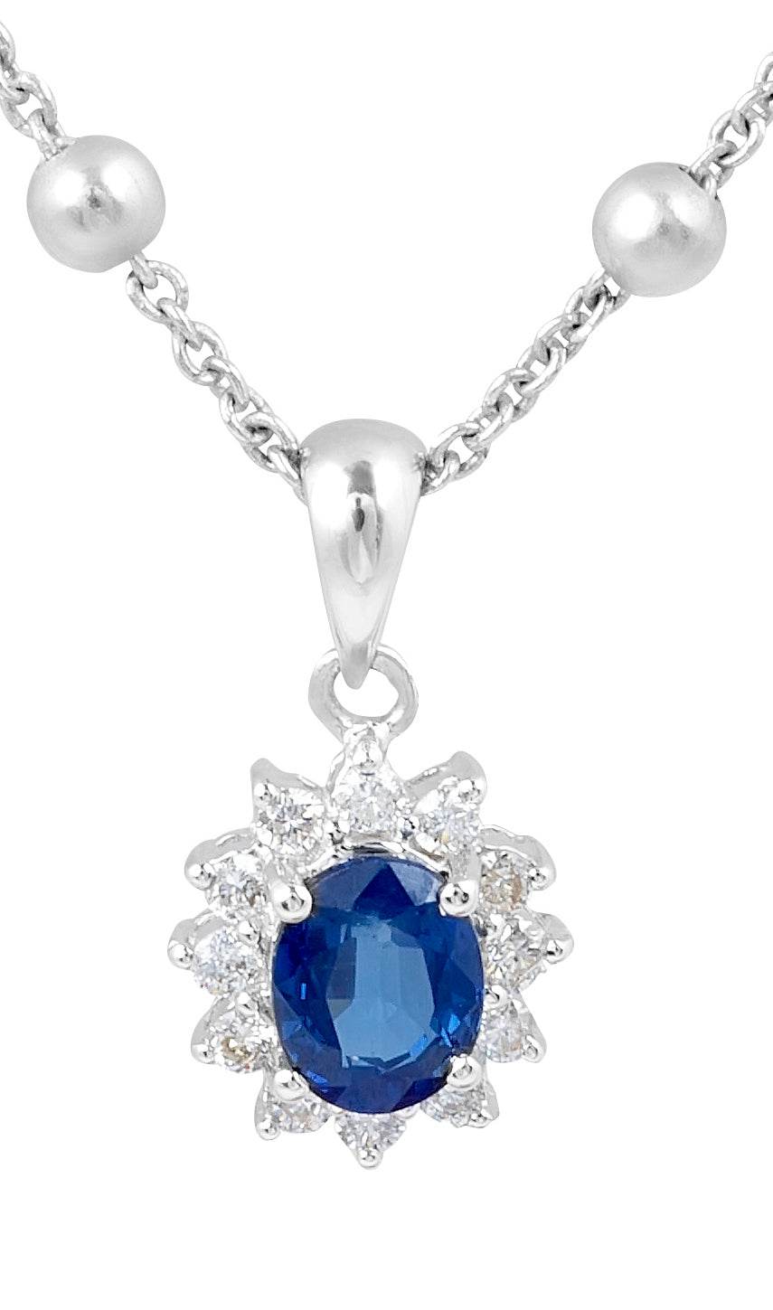 Oval Cut Blue Sapphire Diamond Halo Pendant Claw Setting In 18K White Gold - DG & Co. Jewellery