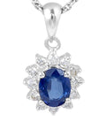 Oval Cut Blue Sapphire Diamond Halo Pendant Claw Setting In 18K White Gold - DG & Co. Jewellery