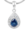Blue Sapphire Pear Shape Diamond Halo Pendant Pave Setting In 18K White Gold - DG & Co. Jewellery