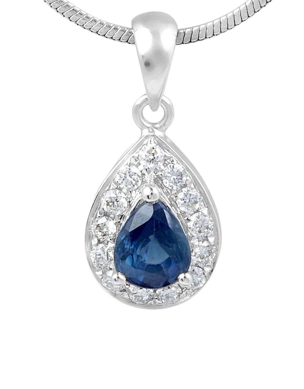 Blue Sapphire Pear Shape Diamond Halo Pendant Pave Setting In 18K White Gold - DG & Co. Jewellery