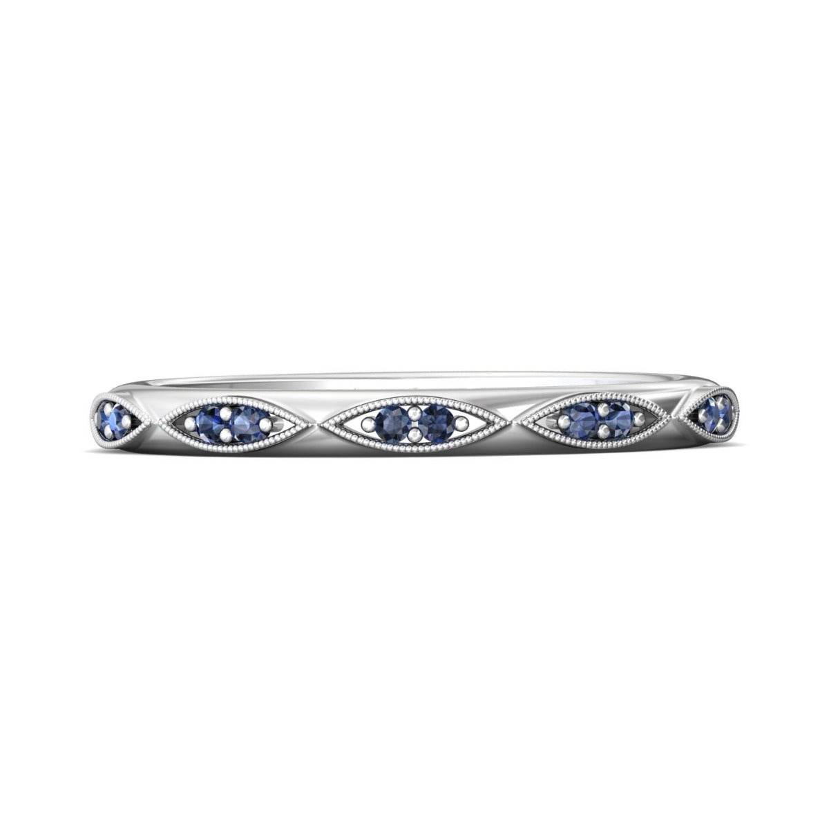 Milgrain Vintage Style Sapphire Wedding Band Marquise Style Round Stone Setting In 18K White Gold - DG & Co. Jewellery