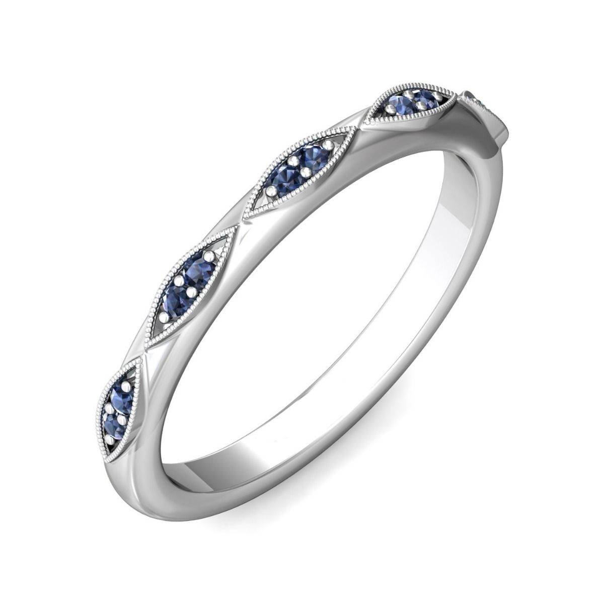 Milgrain Vintage Style Sapphire Wedding Band Marquise Style Round Stone Setting In 18K White Gold - DG & Co. Jewellery