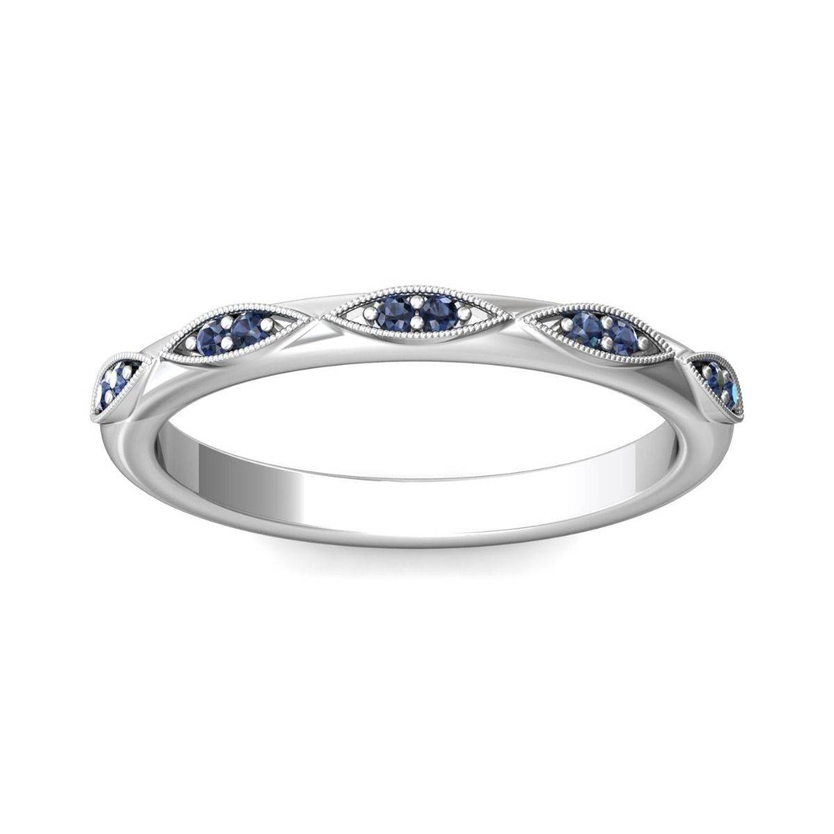 Milgrain Vintage Style Sapphire Wedding Band Marquise Style Round Stone Setting In 18K White Gold - DG & Co. Jewellery