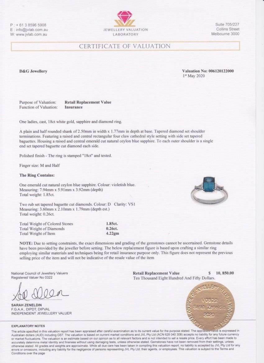 Emerald Cut Ceylon Blue Sapphire Diamond Engagement Ring with Tapered Diamond Shoulder In 18K White Gold - DG & Co. Jewellery