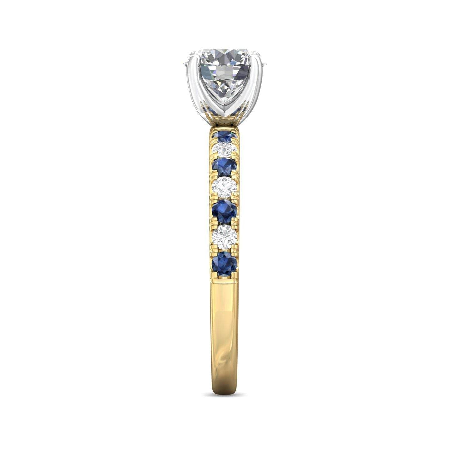 Round Cut 4 Claw Setting Diamond Sapphire Engagement Ring Pave Setting Side Stones -18K Yellow - DG & Co. Jewellery