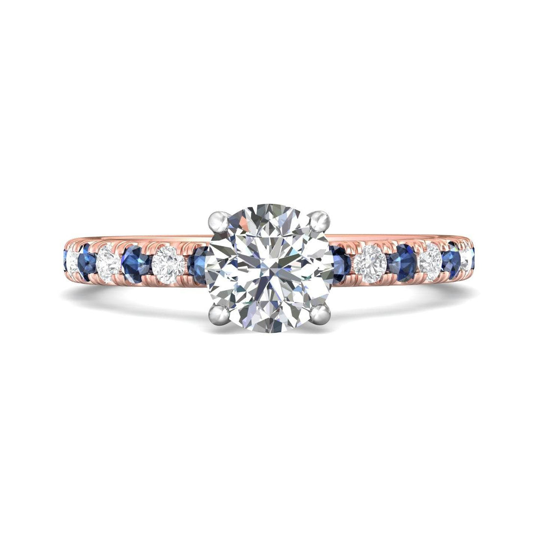 Round Cut 4 Claw Setting Diamond Sapphire Engagement Ring Pave Setting Side Stones -18K Rose - DG & Co. Jewellery