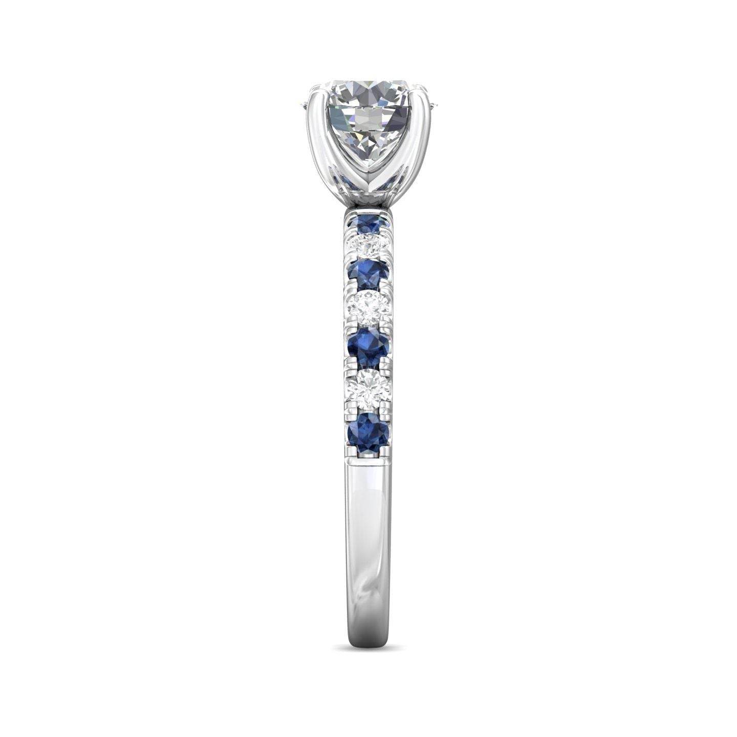 Round Cut 4 Claw Setting Diamond Sapphire Engagement Ring Pave Setting Side Stones -18K White - DG & Co. Jewellery