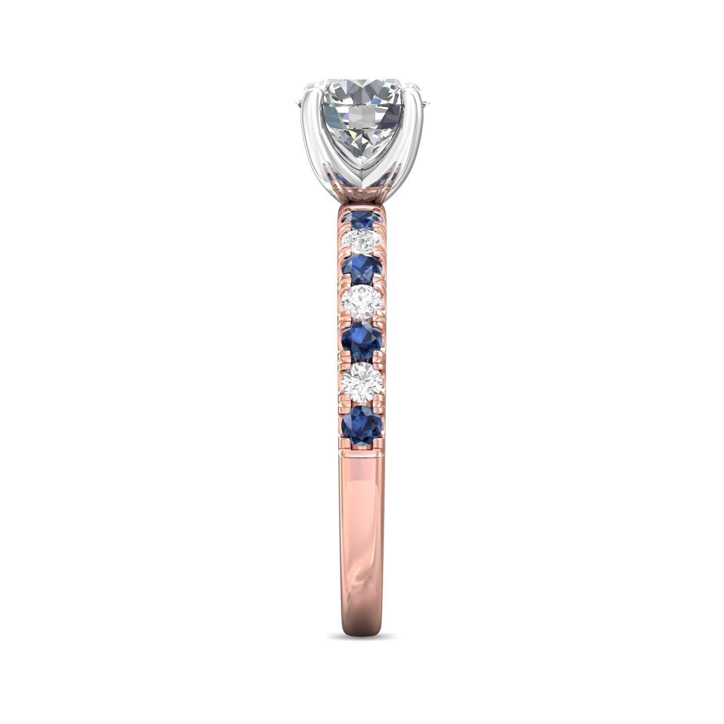 Round Cut 4 Claw Setting Diamond Sapphire Engagement Ring Pave Setting Side Stones -18K Rose - DG & Co. Jewellery