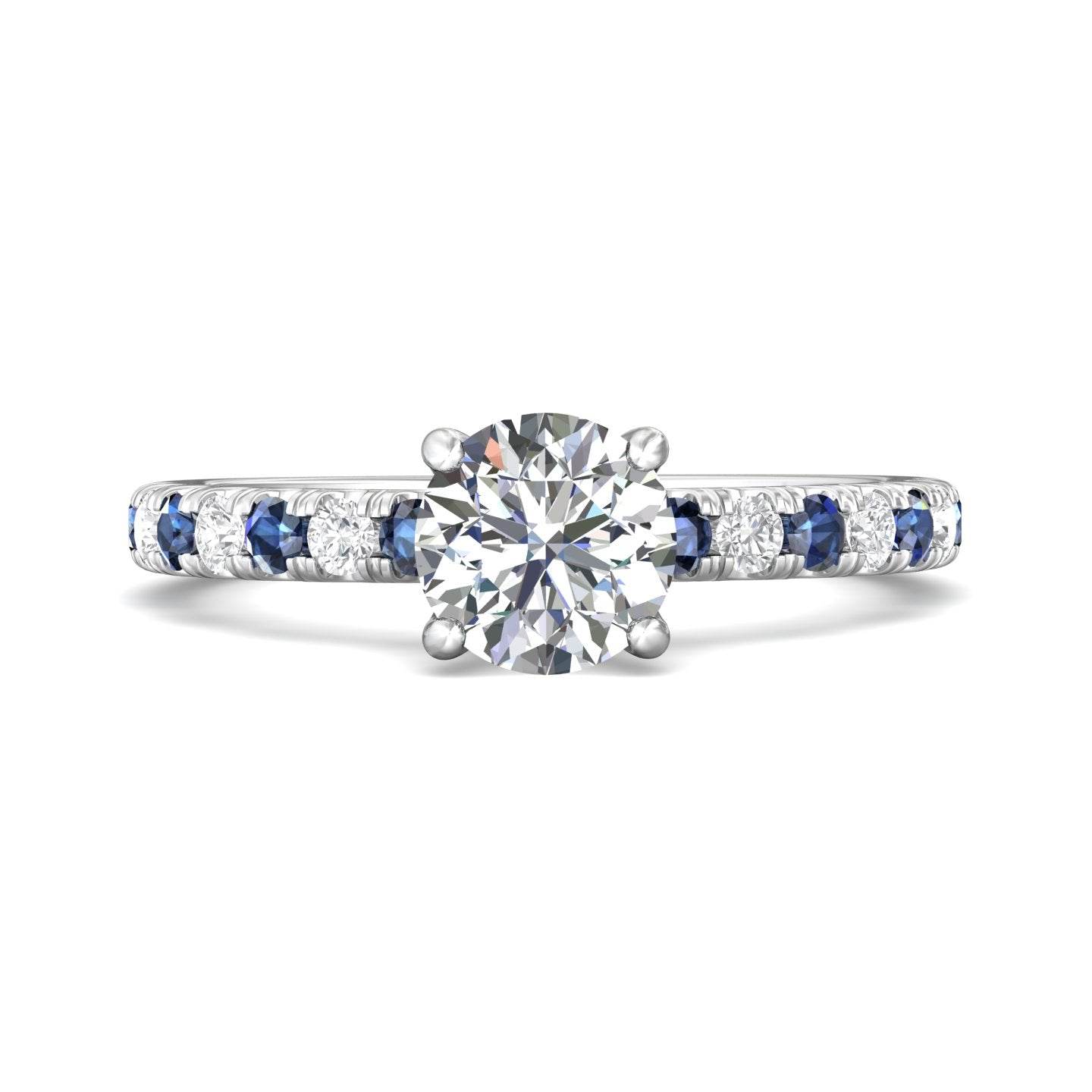 Round Cut 4 Claw Setting Diamond Sapphire Engagement Ring Pave Setting Side Stones -18K White - DG & Co. Jewellery