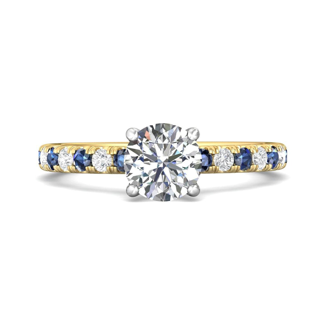 Round Cut 4 Claw Setting Diamond Sapphire Engagement Ring Pave Setting Side Stones -18K Yellow - DG & Co. Jewellery