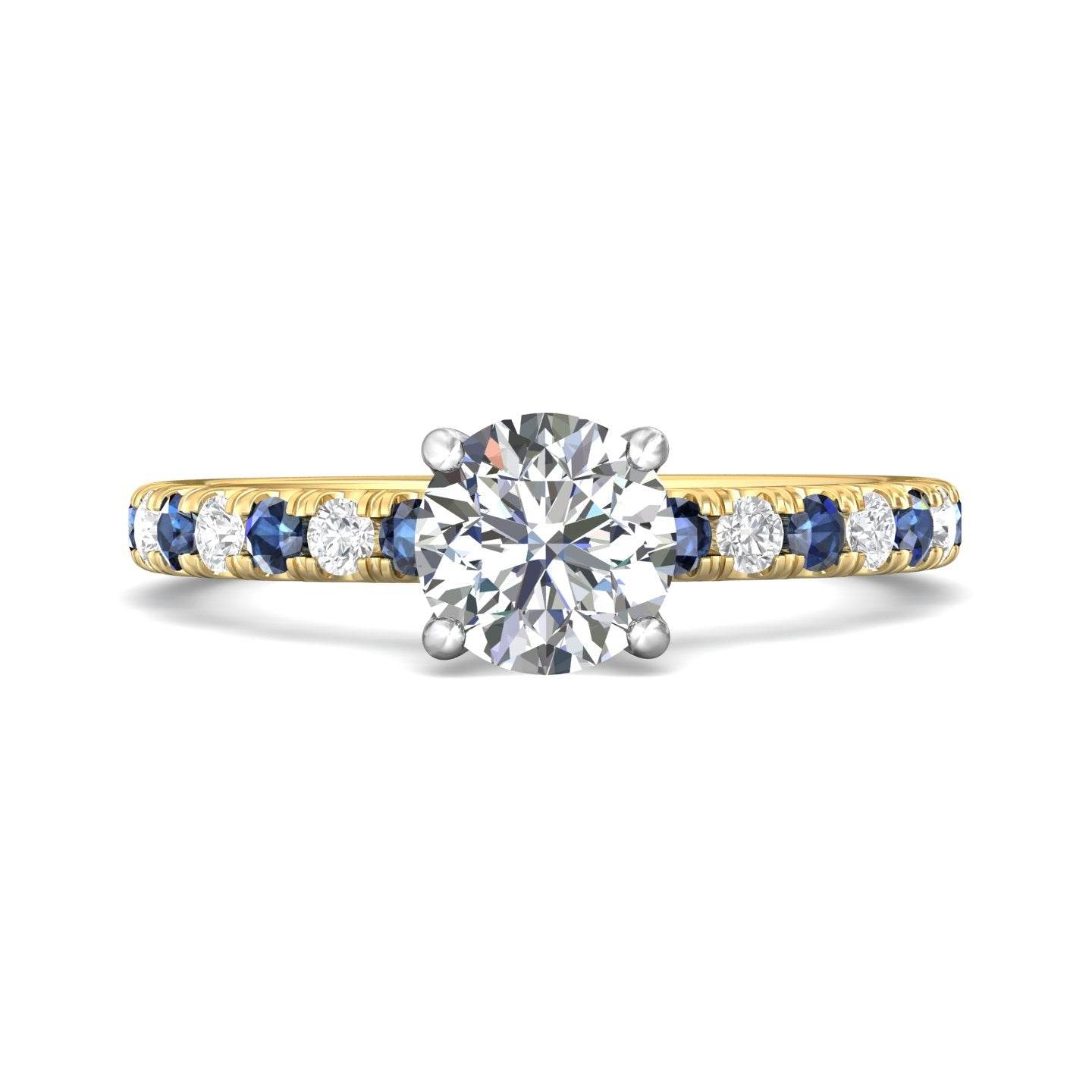 Round Cut 4 Claw Setting Diamond Sapphire Engagement Ring Pave Setting Side Stones -18K Yellow - DG & Co. Jewellery