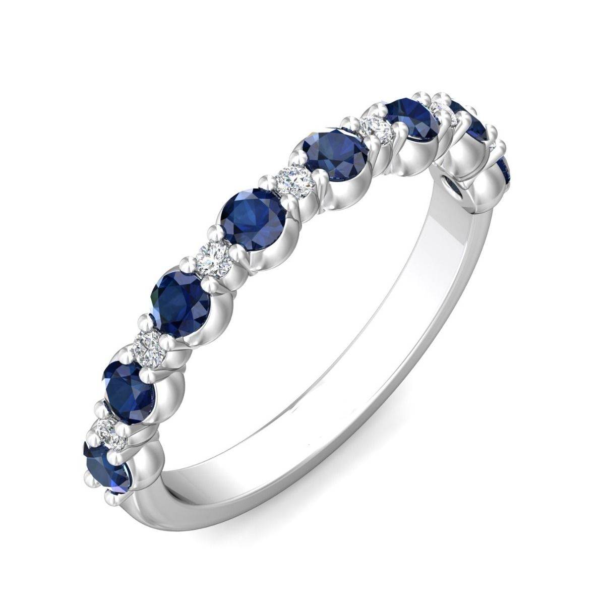 Blue Sapphire Diamond Semi Eternity Classic Wedding Ring Share Claw Setting Set in 18K White Gold - DG & Co. Jewellery