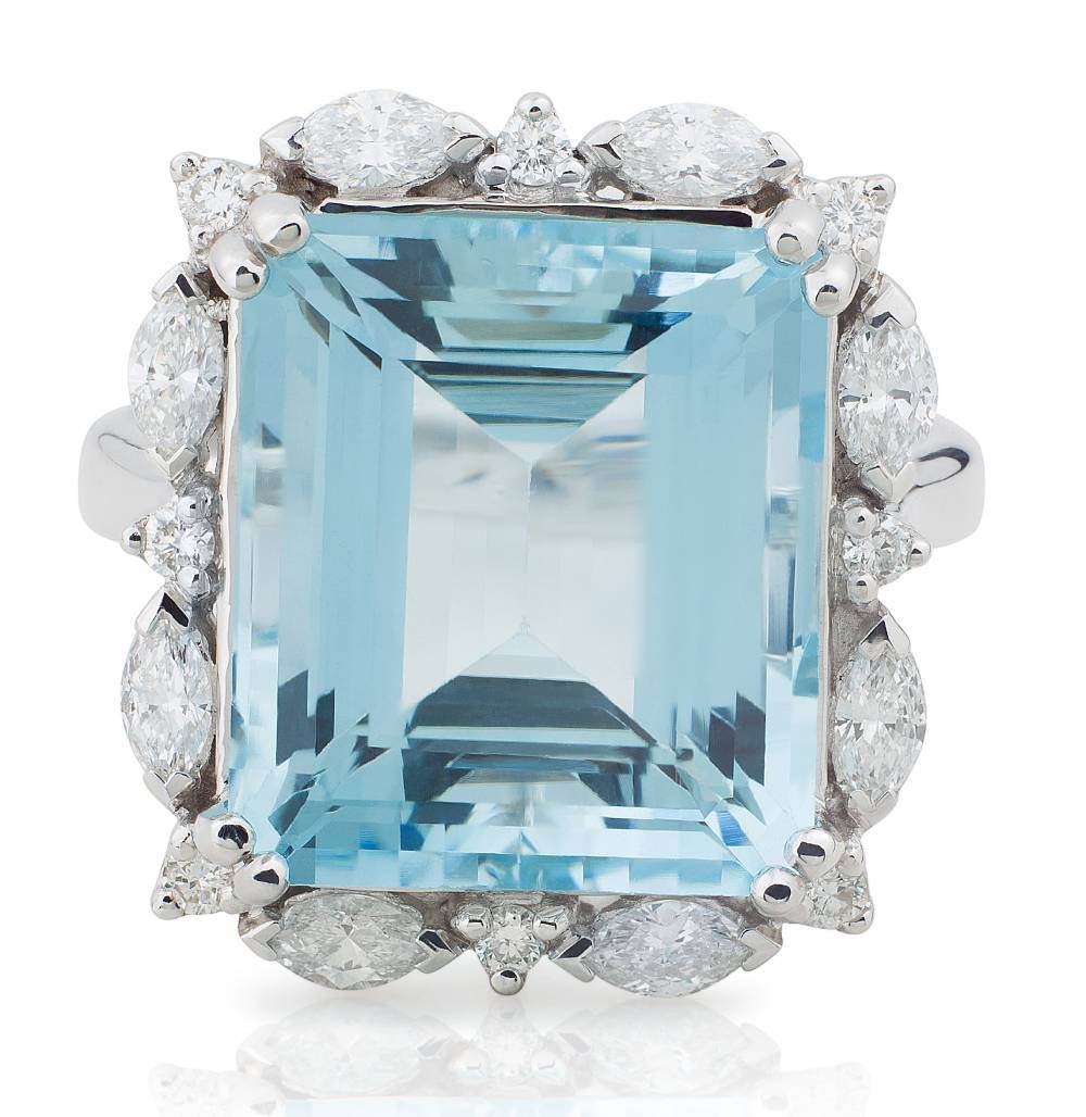 Emerald Cut 10CT Aquamarine Diamond Halo Ring In 18K White Gold - DG & Co. Jewellery