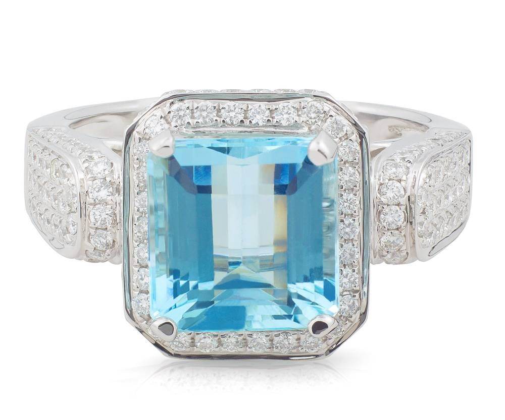 4.00CT Emerald Cut Aquamarine Halo Diamond Ring Pave Setting In 18K White Gold - DG & Co. Jewellery