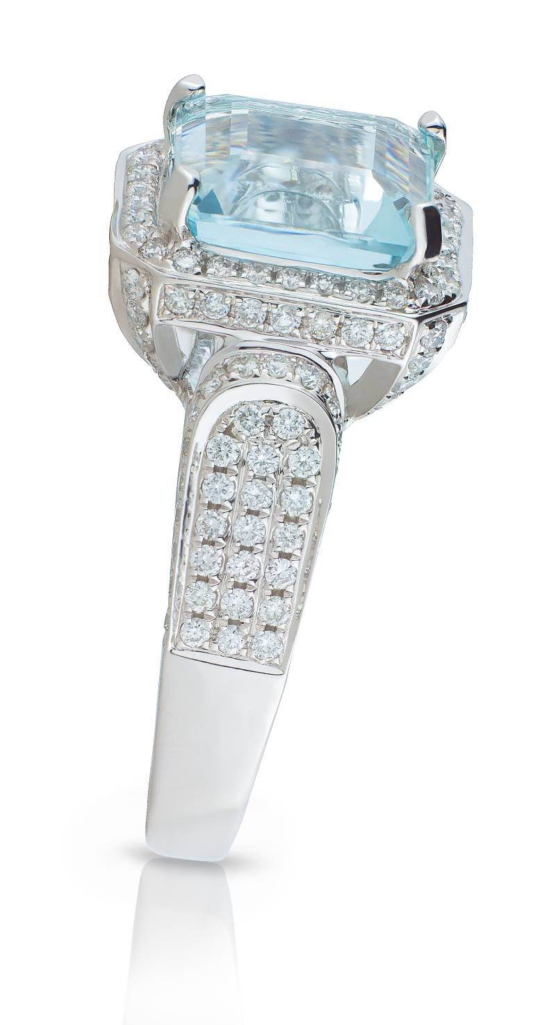 4.00CT Emerald Cut Aquamarine Halo Diamond Ring Pave Setting In 18K White Gold - DG & Co. Jewellery