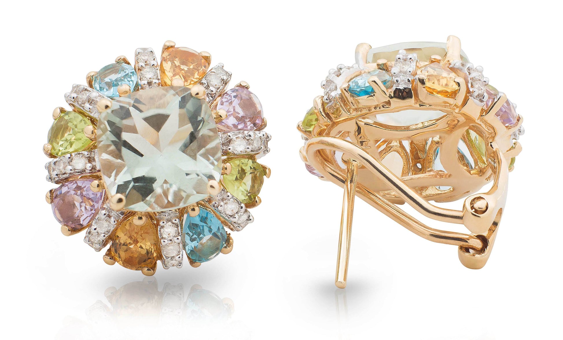 Green Amethyst Cushion Cut and Multi-colour Gemstones Diamond Earring In 14K Yellow Gold - DG & Co. Jewellery