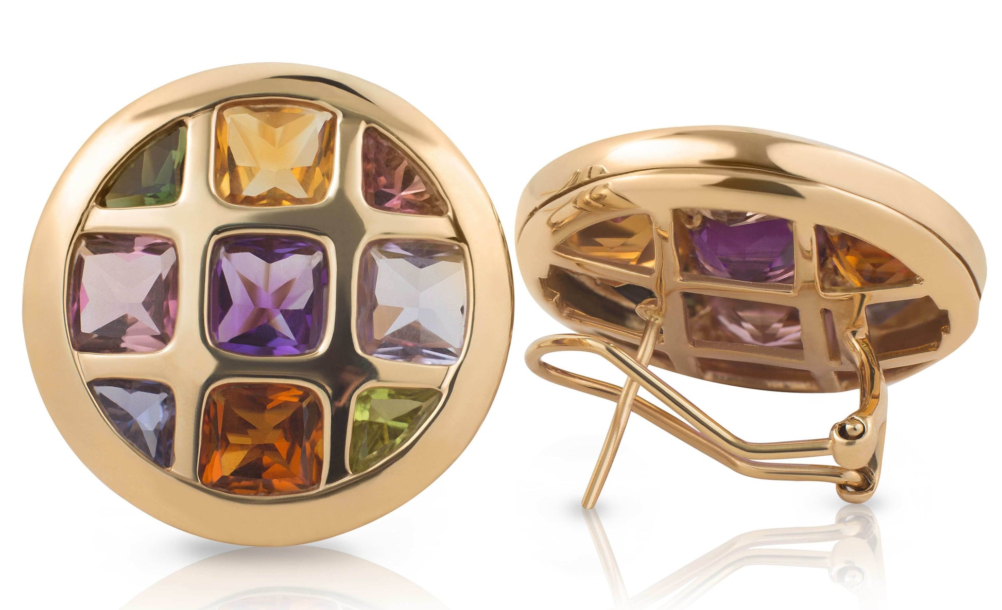 Multi-colour Gemstones Earring Framed with 14 Karat Yellow Gold - DG & Co. Jewellery