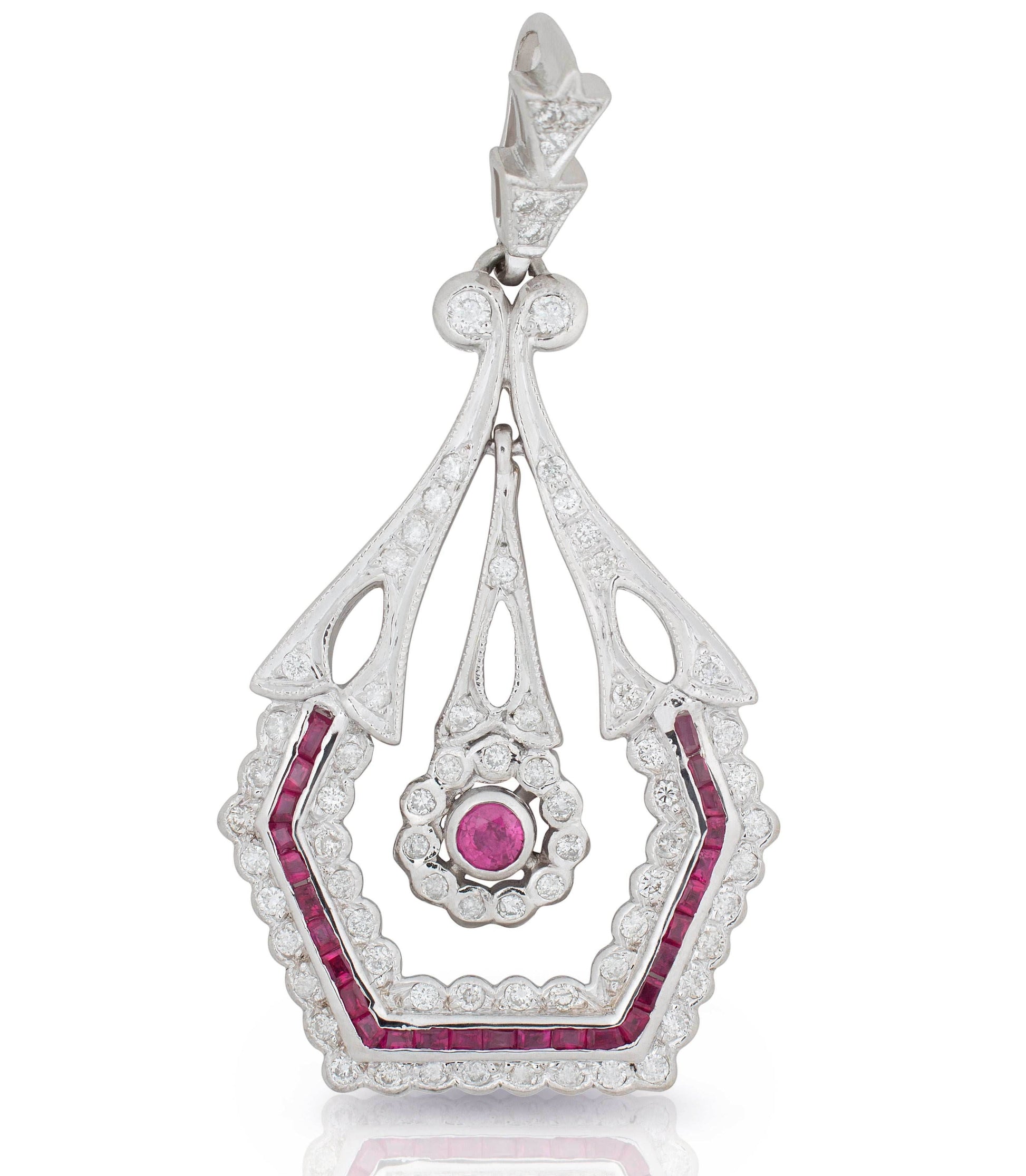 Vintage Style Ruby Diamond Pendant Channel Setting In 14K White Gold - DG & Co. Jewellery