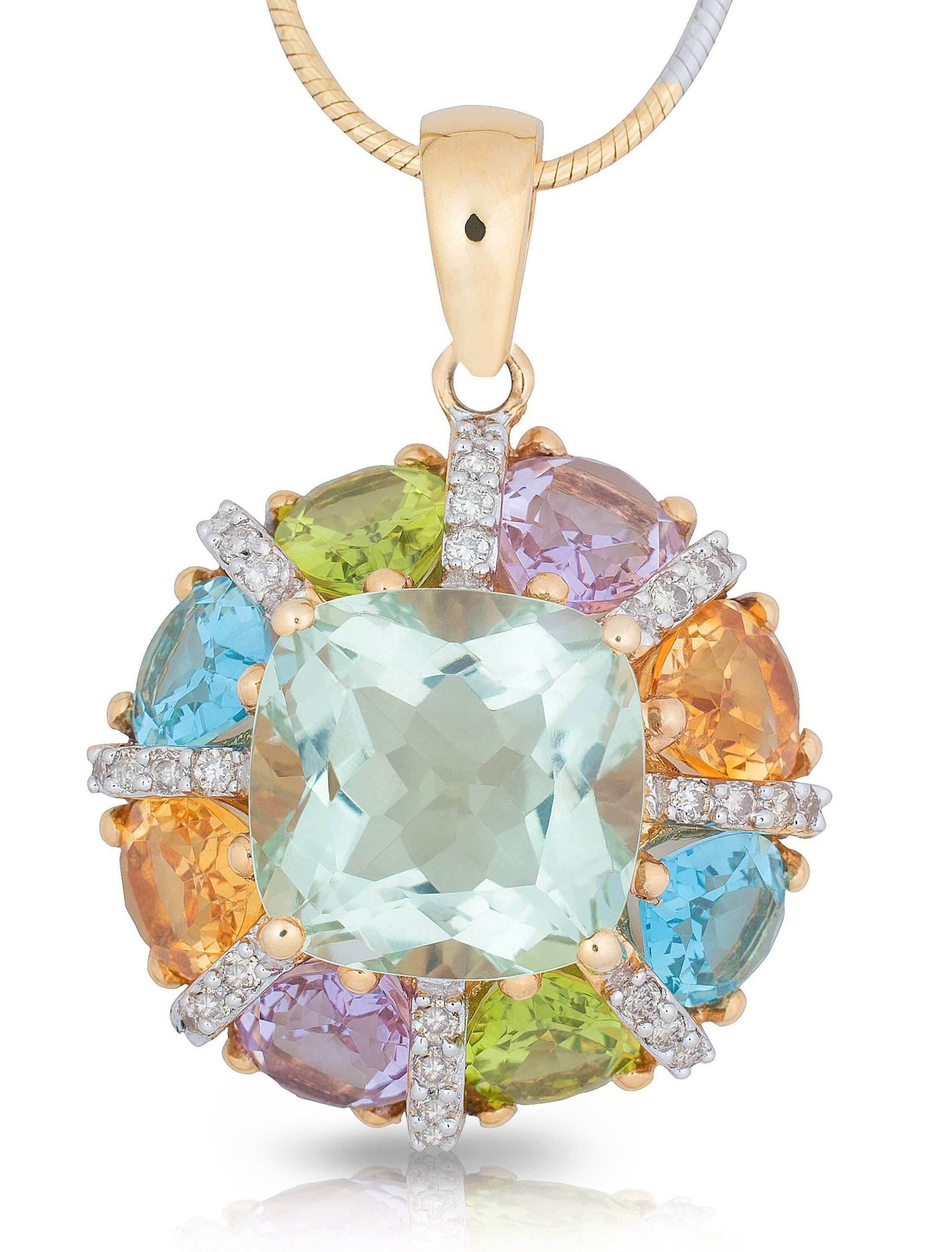 Multi-colour Gemstones Pendant Green Amethyst Cushion Cut Centre Stone In 18K Yellow Gold - DG & Co. Jewellery