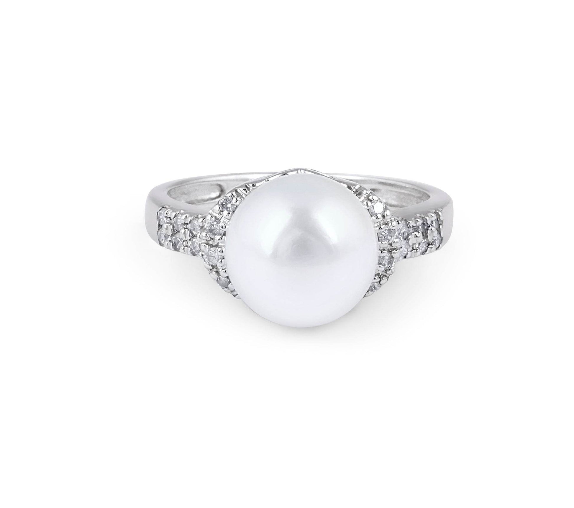 Culture Pearl and Diamond Ring Pave Setting In 14 Karat White Gold - DG & Co. Jewellery