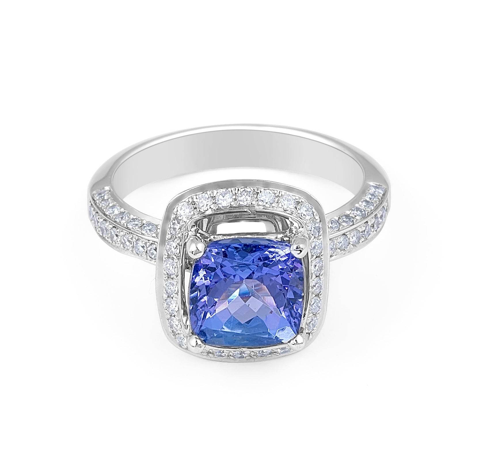 Vintage Style Cushion Cut Tanzanite Halo Diamond Ring In 18K White Gold - DG & Co. Jewellery