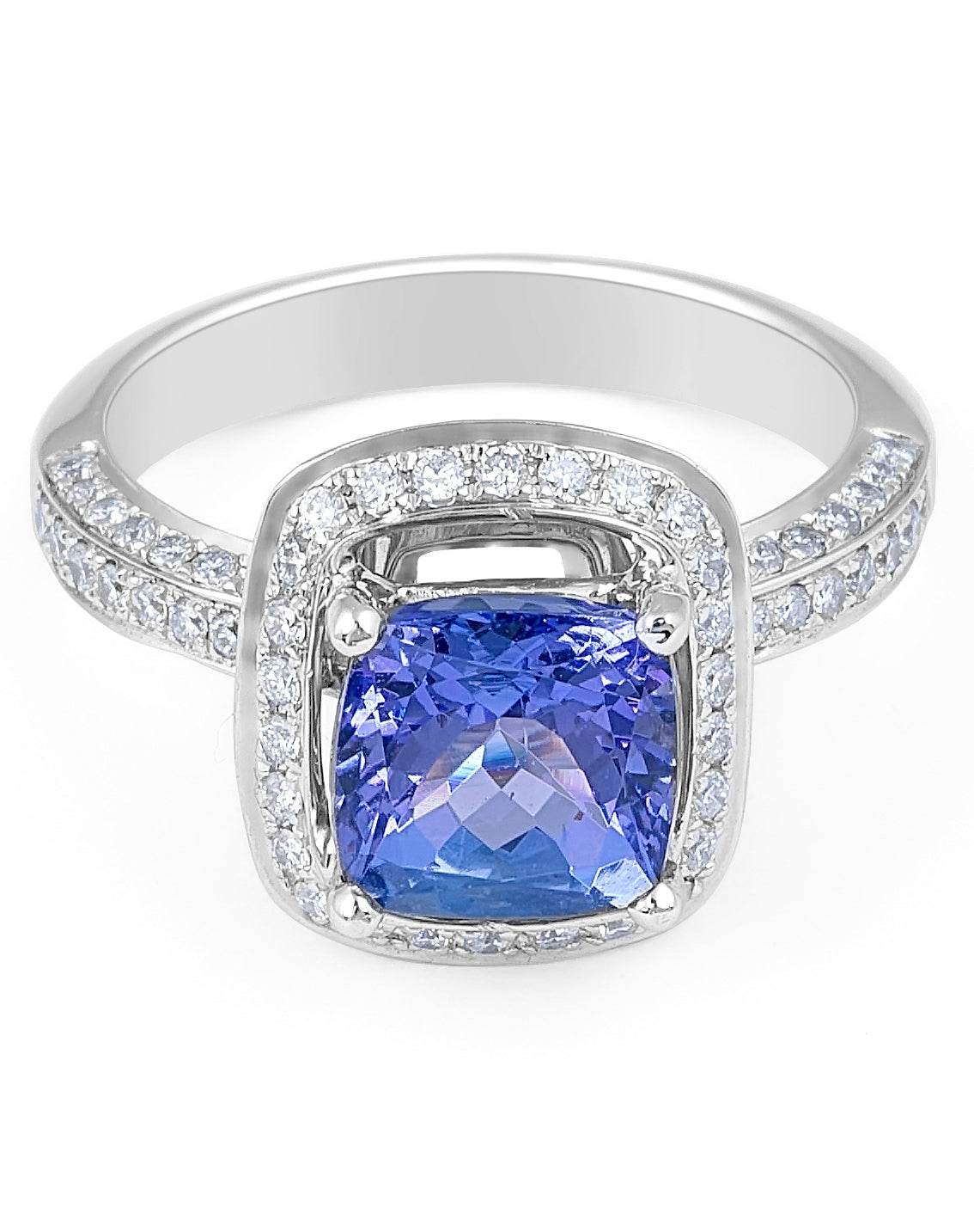 Vintage Style Cushion Cut Tanzanite Halo Diamond Ring In 18K White Gold - DG & Co. Jewellery