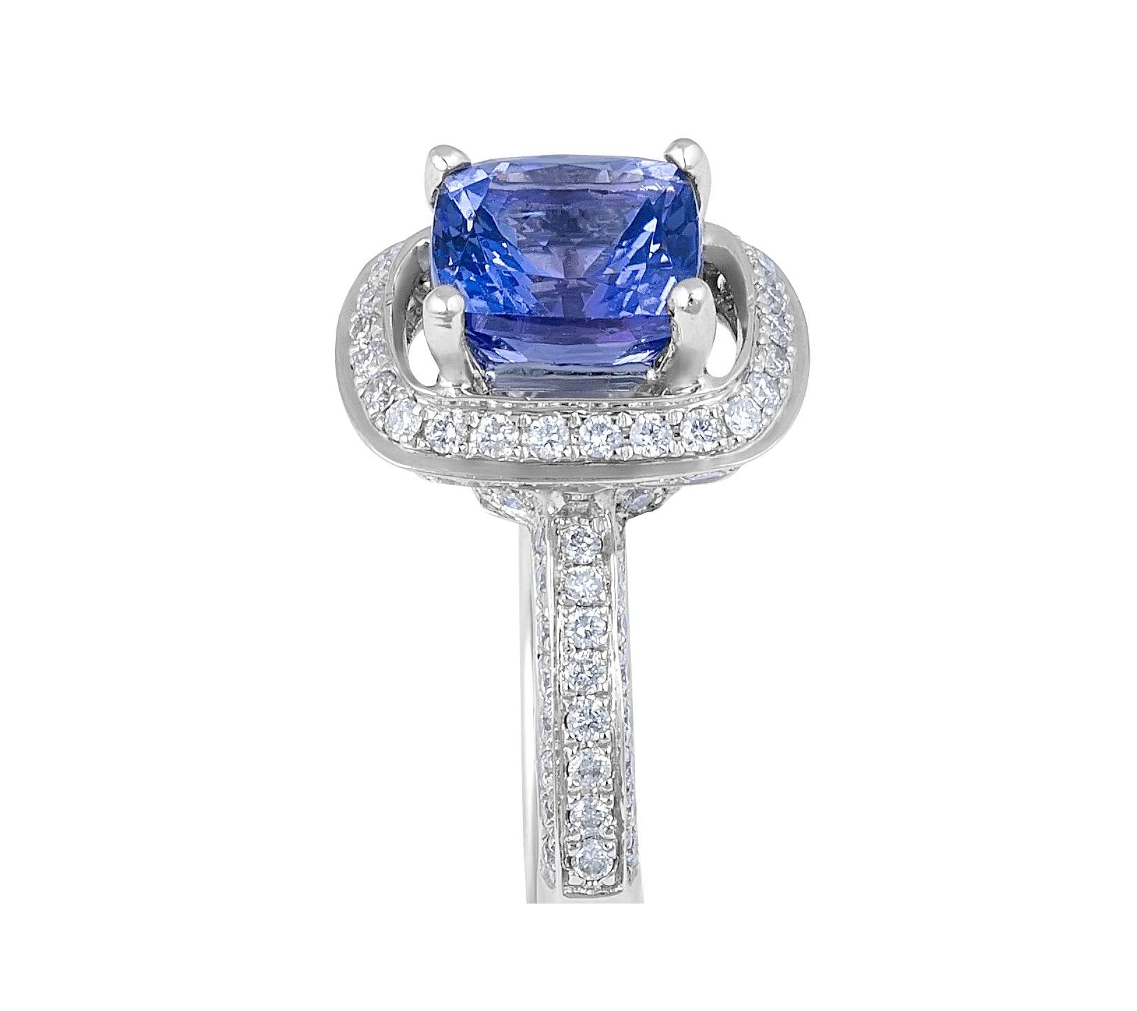Vintage Style Cushion Cut Tanzanite Halo Diamond Ring In 18K White Gold - DG & Co. Jewellery