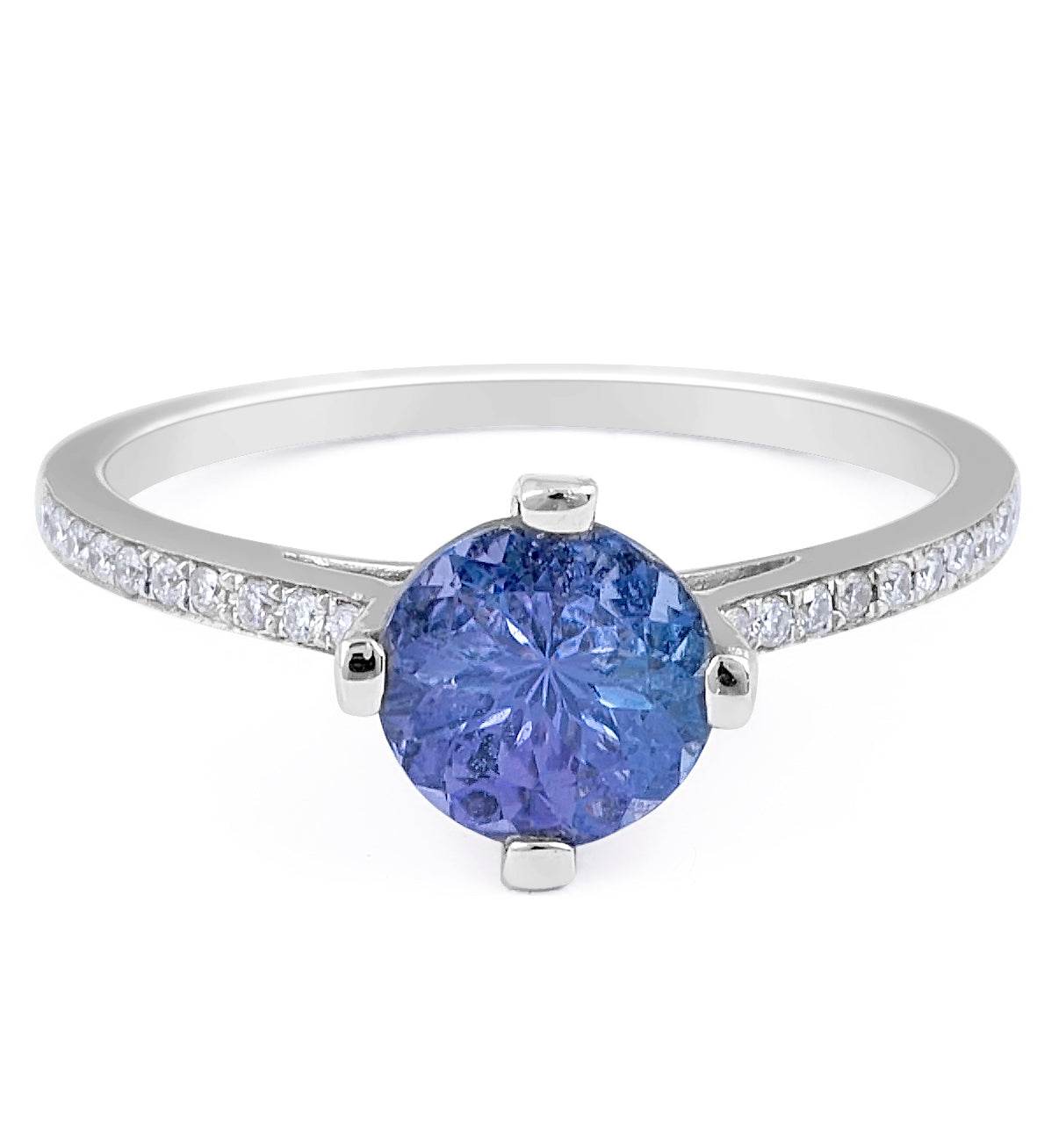 Hidden Halo Round Cut Tanzanite Diamond Ring in 18 Karat white gold - DG & Co. Jewellery