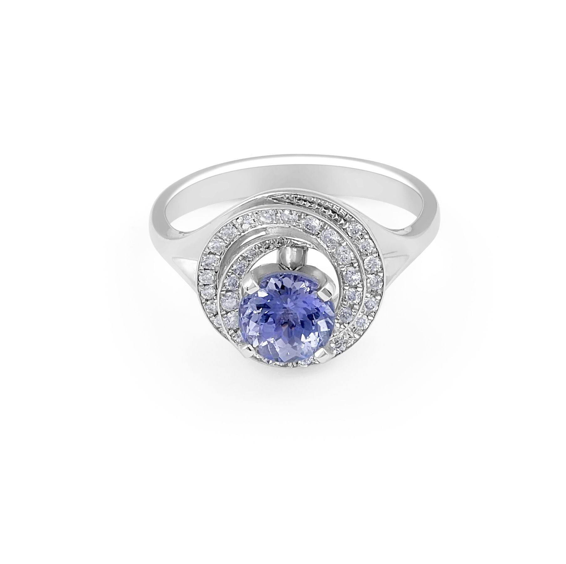 Vintage Style Round Halo Tanzanite Diamond Ring In 18K White Gold - DG & Co. Jewellery