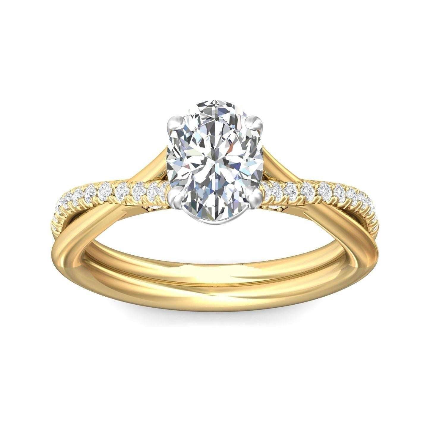 Oval Cut Cross over Double Band Pave Setting Diamond Engagement Ring 4 Claw Setting - 18K Yellow - DG & Co. Jewellery