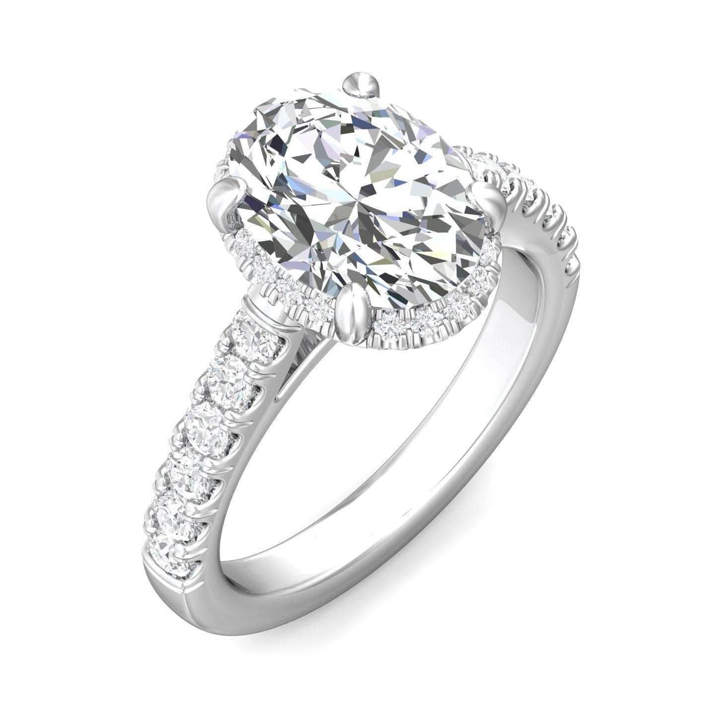 DG & Co. Signature Oval Cut Halo Diamond Engagement Ring 4 Claw Setting Pave Setting Side Stone -18K White - DG & Co. Jewellery