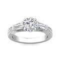 Vintage Style Round Cut Trilogy 3 Stone Diamond Engagement Ring In a Tapered Baguette Side stone Milgrain Share Prong Setting -Platinum - DG & Co. Jewellery