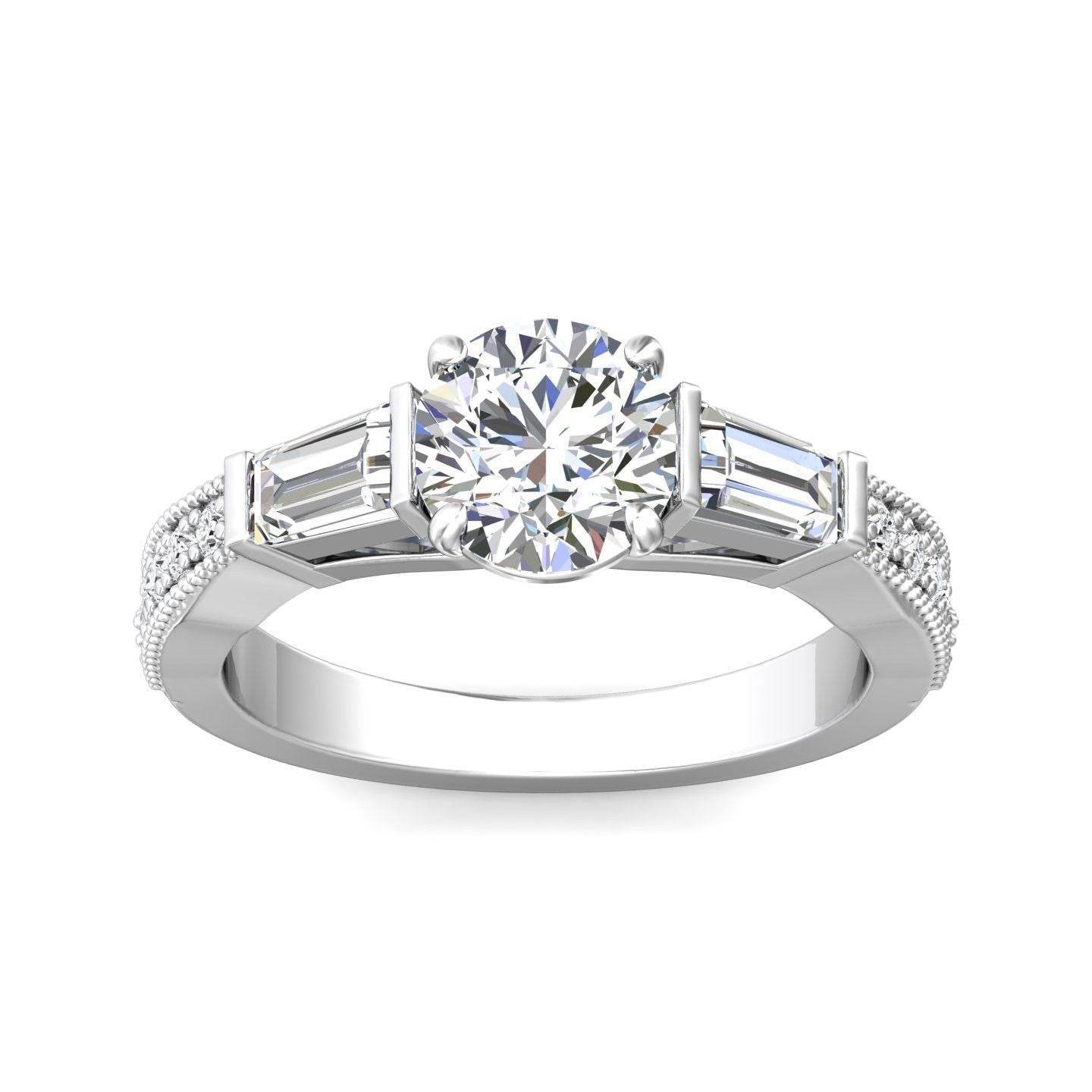 Vintage Style Round Cut Trilogy 3 Stone Diamond Engagement Ring In a Tapered Baguette Side stone Milgrain Share Prong Setting -Platinum - DG & Co. Jewellery