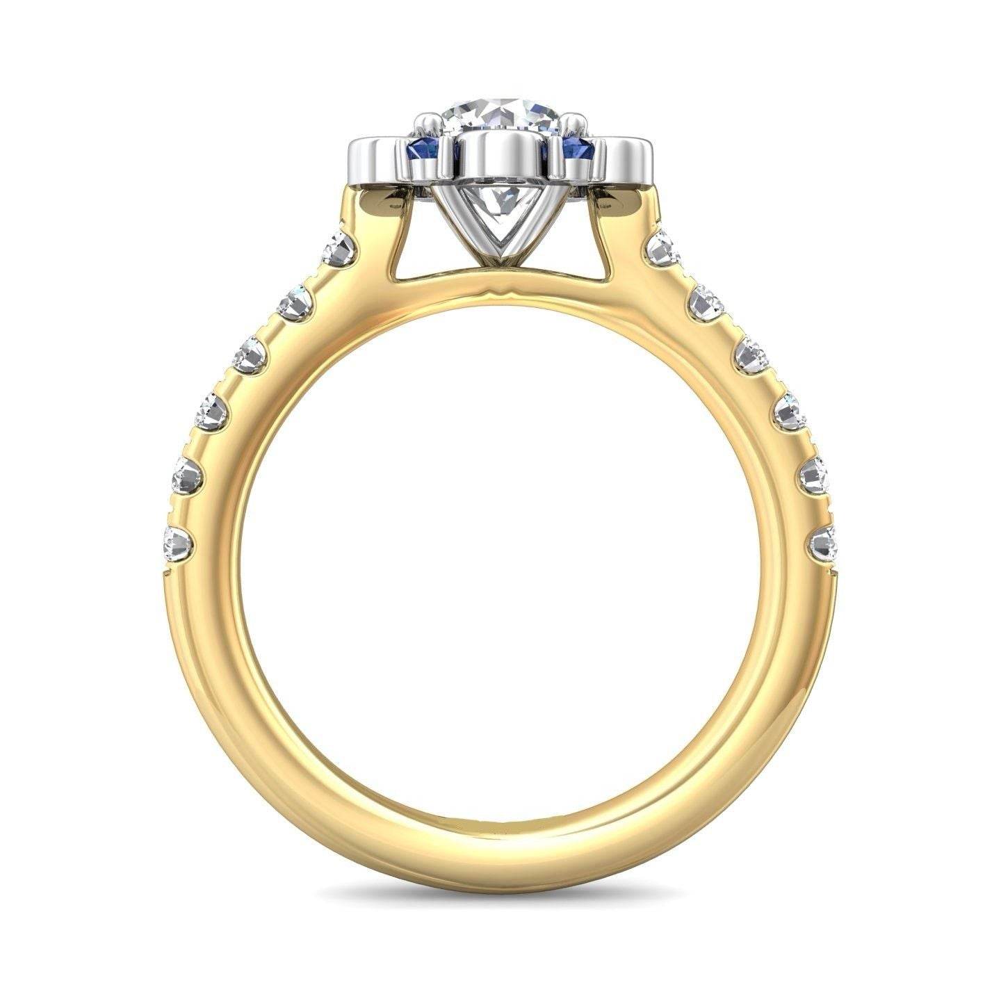 Halo Sapphire and Diamond Engagement Ring Round Cut Pave Setting Side Stones - 18K Yellow - DG & Co. Jewellery