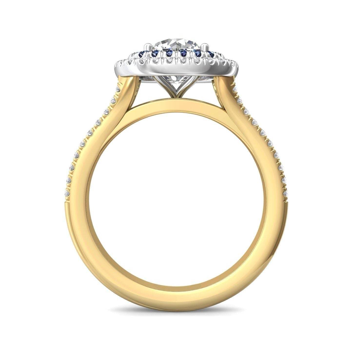 Double Halo Split Band Round Cut Diamond and Sapphire Engagement Ring Pave Setting - 18K Yellow - DG & Co. Jewellery