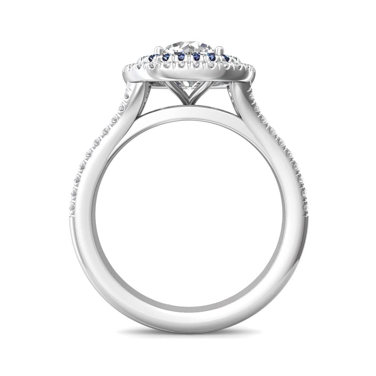 Double Halo Split Band Round Cut Diamond and Sapphire Engagement Ring Pave Setting - 18K White - DG & Co. Jewellery