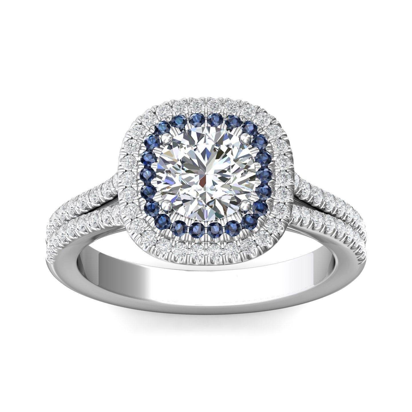 Double Halo Split Band Round Cut Diamond and Sapphire Engagement Ring Pave Setting - Platinum - DG & Co. Jewellery