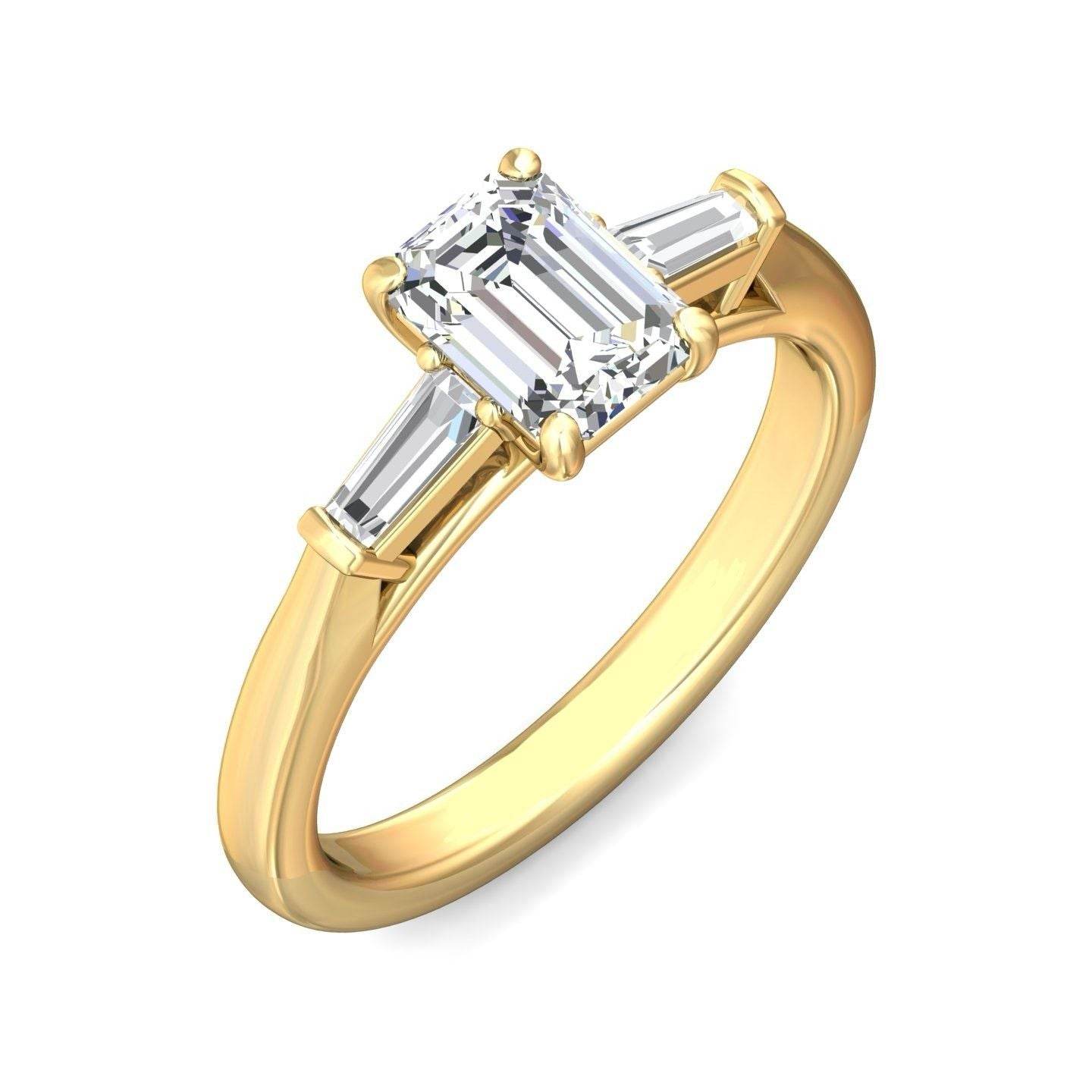 Emerald Cut 3 Stones Diamond Engagement Ring Tapered Baguette Side Stones - 18K Yellow - DG & Co. Jewellery