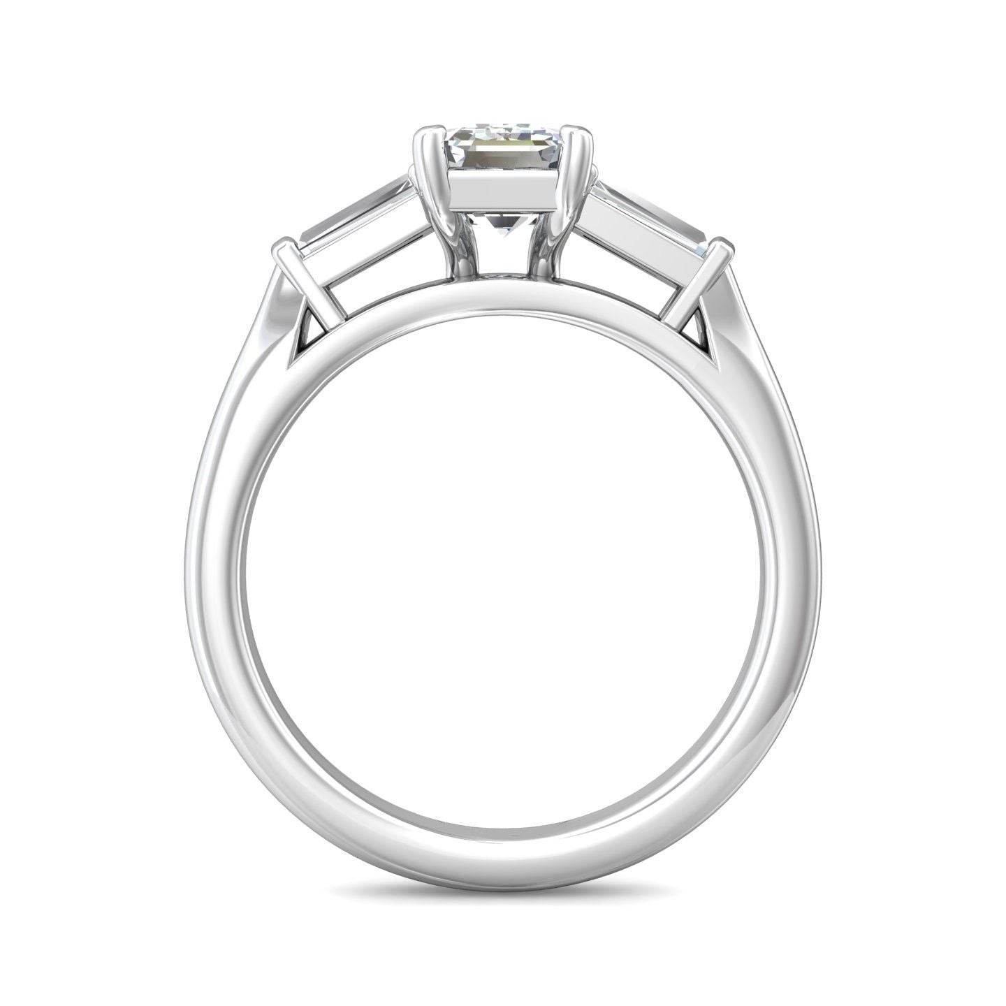Emerald Cut 3 Stones Diamond Engagement Ring Tapered Baguette Side Stones - 18K White - DG & Co. Jewellery