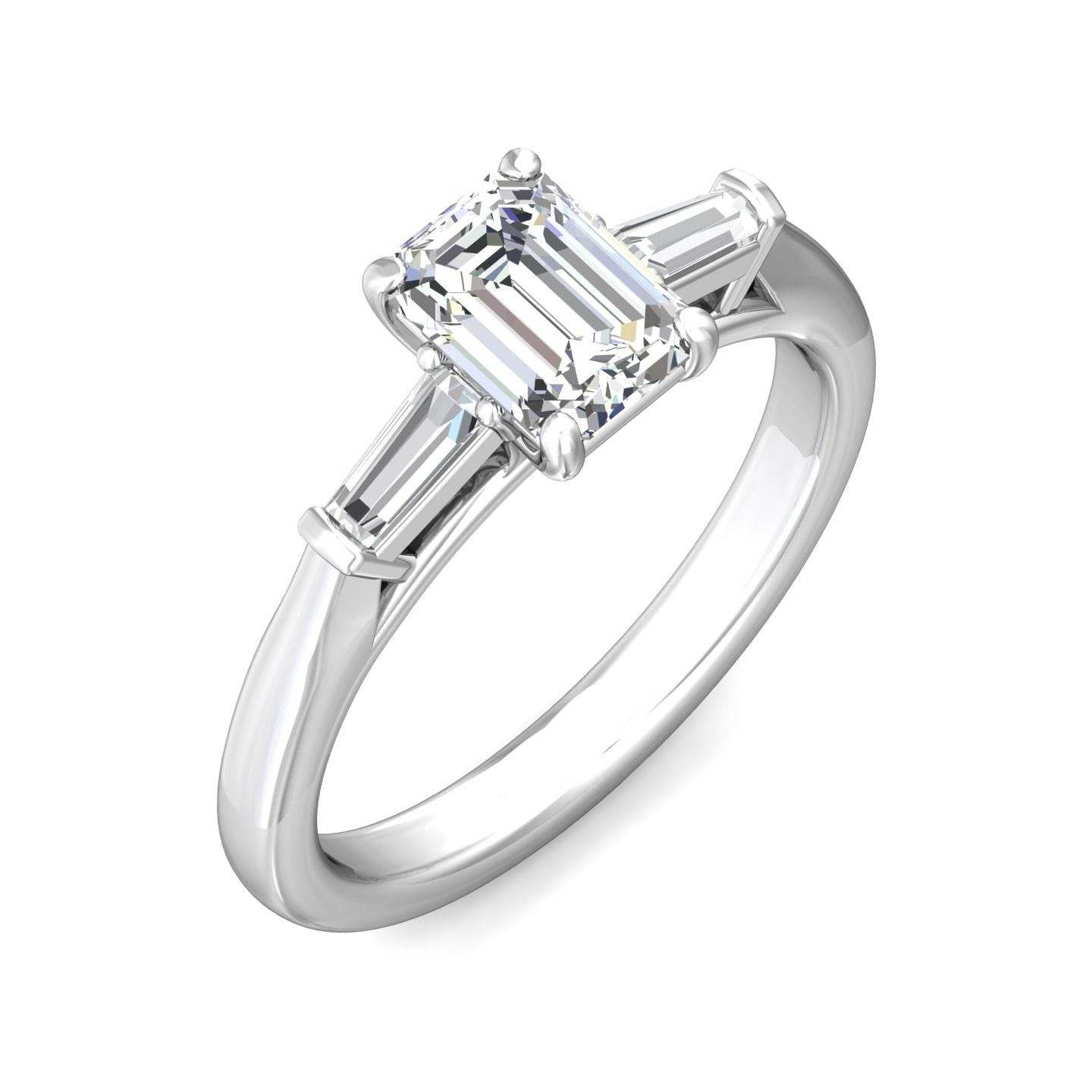 Emerald Cut 3 Stones Diamond Engagement Ring Tapered Baguette Side Stones - 18K White - DG & Co. Jewellery