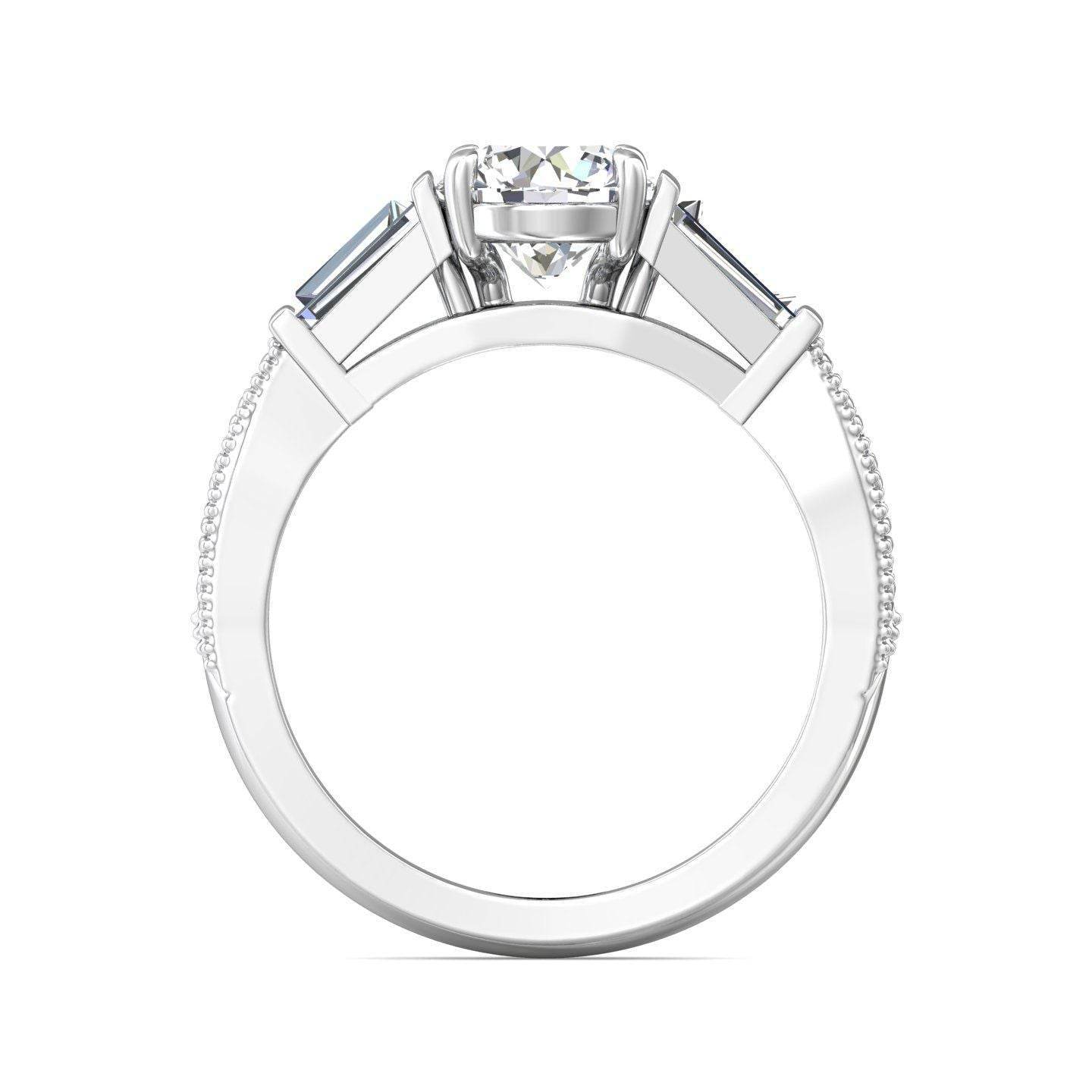 Vintage Style Round Cut Trilogy 3 Stone Diamond Engagement Ring In a Tapered Baguette Side stone Milgrain Share Prong Setting -Platinum - DG & Co. Jewellery