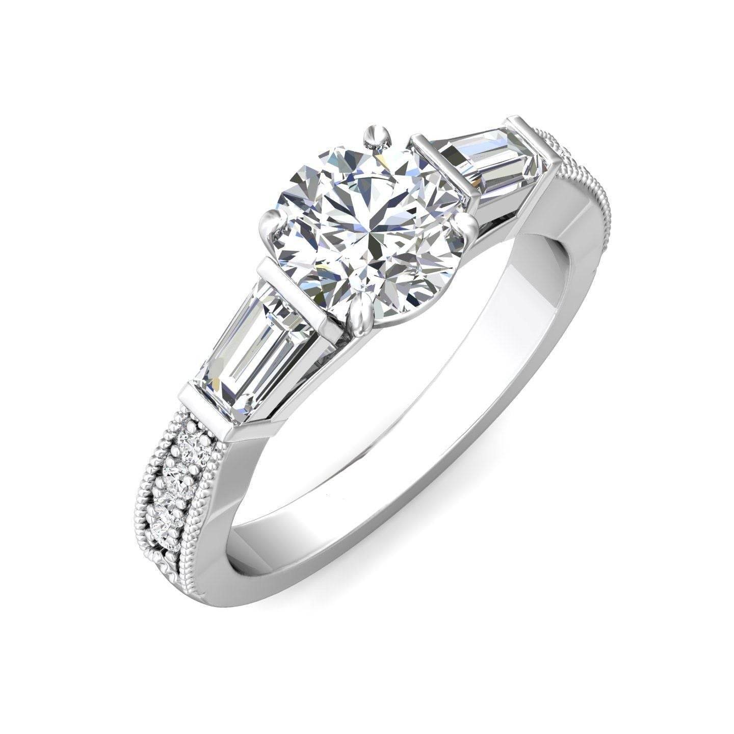 Vintage Style Round Cut Trilogy 3 Stone Diamond Engagement Ring In a Tapered Baguette Side stone Milgrain Share Prong Setting -Platinum - DG & Co. Jewellery