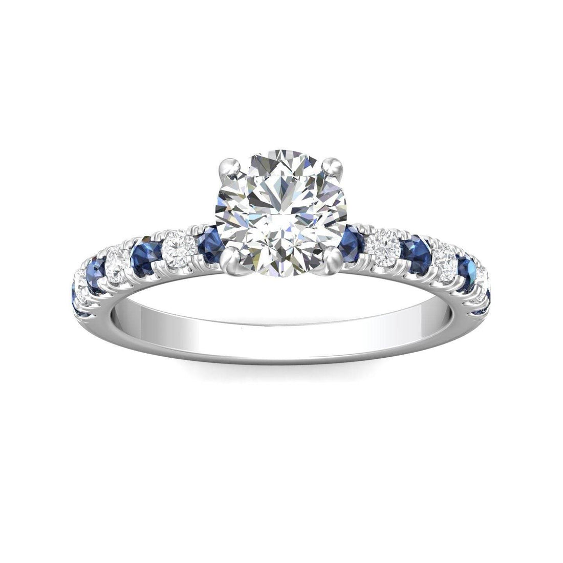 Round Cut 4 Claw Setting Diamond Sapphire Engagement Ring Pave Setting Side Stones -Platinum - DG & Co. Jewellery