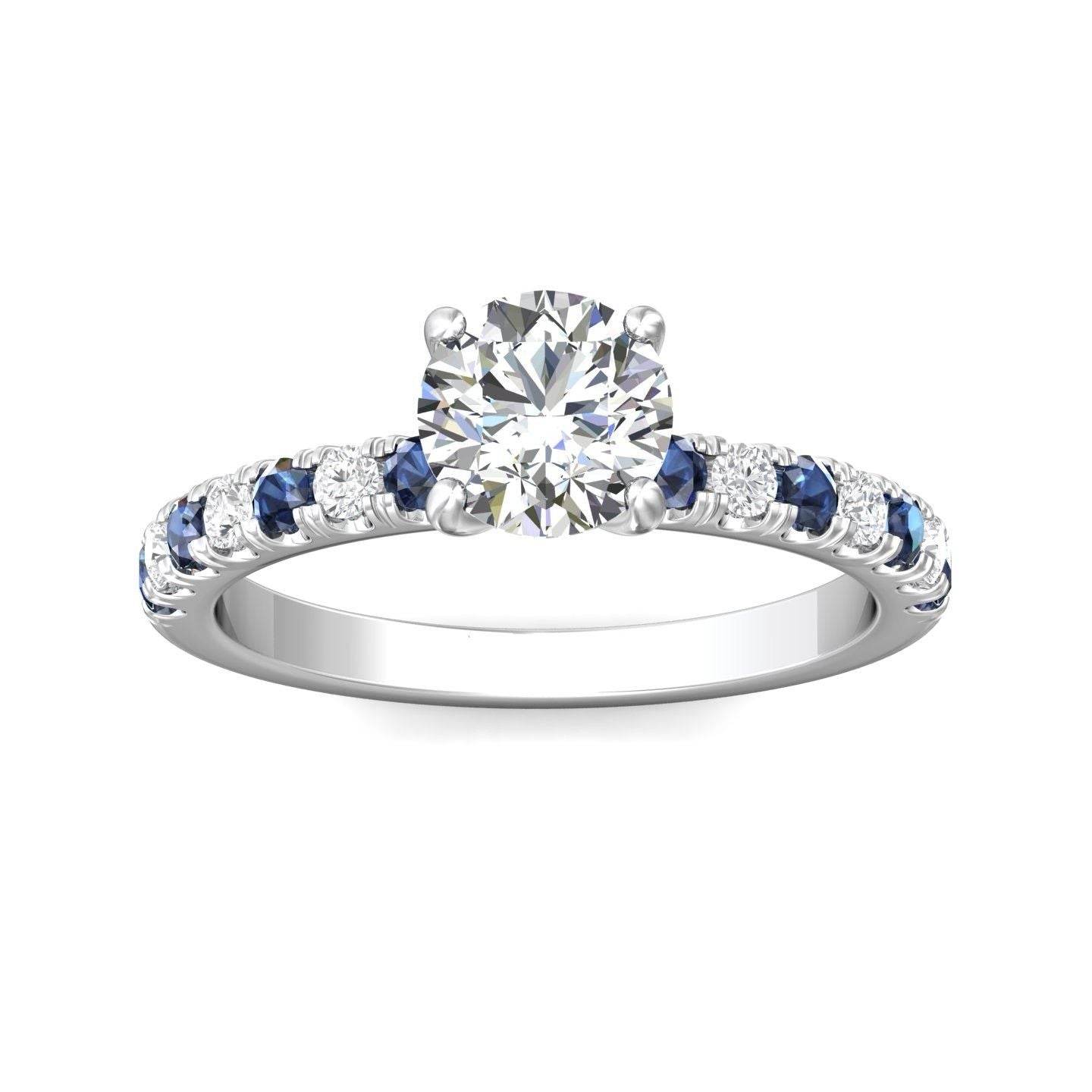 Round Cut 4 Claw Setting Diamond Sapphire Engagement Ring Pave Setting Side Stones -18K White - DG & Co. Jewellery