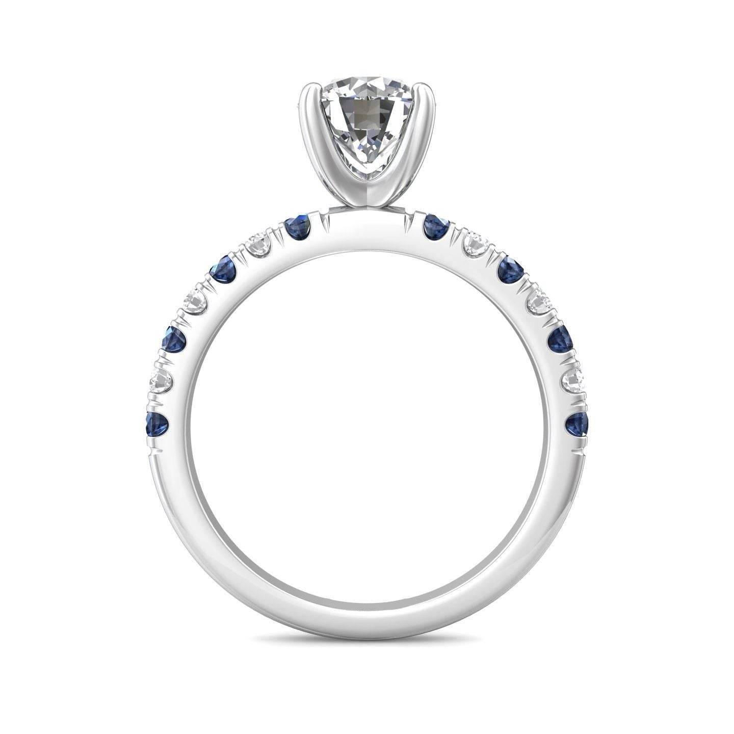 Round Cut 4 Claw Setting Diamond Sapphire Engagement Ring Pave Setting Side Stones -18K White - DG & Co. Jewellery